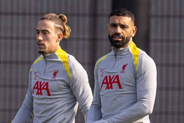 LIVERPOOL, ENGLAND - Monday, March 10, 2025: Liverpool's Kostas Tsimikas (L) and Mohamed Salah during a training session at the AXA Training Centre ahead of the UEFA Champions League Round of 16 2nd Leg match between Liverpool FC and Paris Saint-Germain. (Photo by David Rawcliffe/Propaganda)