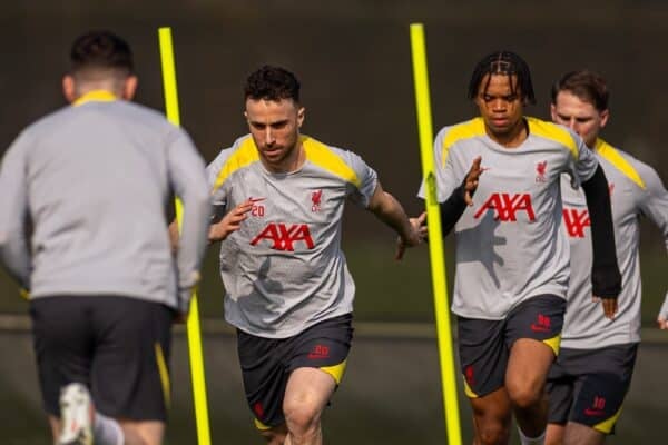 LIVERPOOL, ENGLAND - Monday, March 10, 2025: Liverpool's Diogo Jota during a training session at the AXA Training Centre ahead of the UEFA Champions League Round of 16 2nd Leg match between Liverpool FC and Paris Saint-Germain. (Photo by David Rawcliffe/Propaganda)