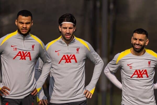 LIVERPOOL, ENGLAND - Monday, March 10, 2025: Liverpool's (L-R) Cody Gakpo, Dominik Szoboszlai, Mohamed Salah during a training session at the AXA Training Centre ahead of the UEFA Champions League Round of 16 2nd Leg match between Liverpool FC and Paris Saint-Germain. (Photo by David Rawcliffe/Propaganda)