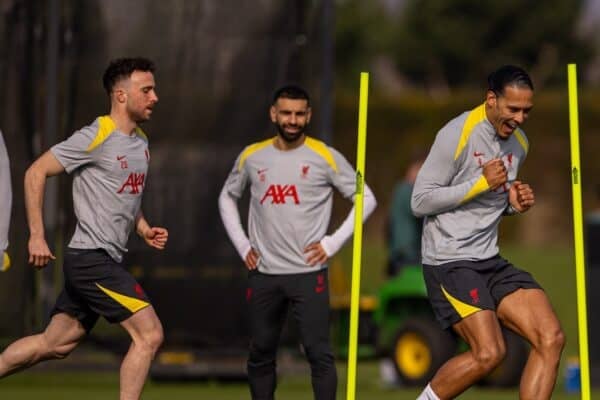 LIVERPOOL, ENGLAND - Monday, March 10, 2025: Liverpool's Diogo Jota (L) and captain Virgil van Dijk during a training session at the AXA Training Centre ahead of the UEFA Champions League Round of 16 2nd Leg match between Liverpool FC and Paris Saint-Germain. (Photo by David Rawcliffe/Propaganda)