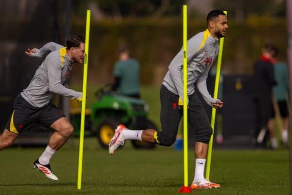 LIVERPOOL, ENGLAND - Monday, March 10, 2025: Liverpool's Alexis Mac Allister (L) and Cody Gakpo during a training session at the AXA Training Centre ahead of the UEFA Champions League Round of 16 2nd Leg match between Liverpool FC and Paris Saint-Germain. (Photo by David Rawcliffe/Propaganda)