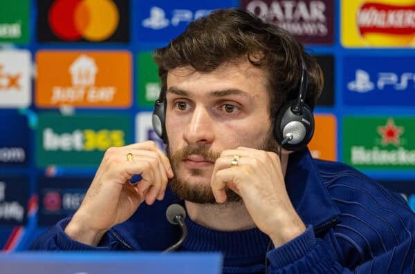 LIVERPOOL, ENGLAND - Monday, March 10, 2025: Paris Saint-Germain's Khvicha Kvaratskhelia during a press conference at Anfield ahead of the UEFA Champions League Round of 16 2nd Leg match between Liverpool FC and Paris Saint-Germain. (Photo by David Rawcliffe/Propaganda)