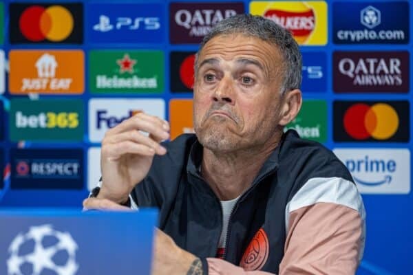 LIVERPOOL, ENGLAND - Monday, March 10, 2025: Paris Saint-Germain's head coach Luis Enrique during a press conference at Anfield ahead of the UEFA Champions League Round of 16 2nd Leg match between Liverpool FC and Paris Saint-Germain. (Photo by David Rawcliffe/Propaganda)