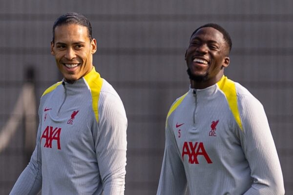 LIVERPOOL, ENGLAND - Monday, March 10, 2025: Liverpool's (L-R) Virgil van Dijk, Ibrahima Konaté, Dominik Szoboszlai during a training session at the AXA Training Centre ahead of the UEFA Champions League Round of 16 2nd Leg match between Liverpool FC and Paris Saint-Germain. (Photo by David Rawcliffe/Propaganda)