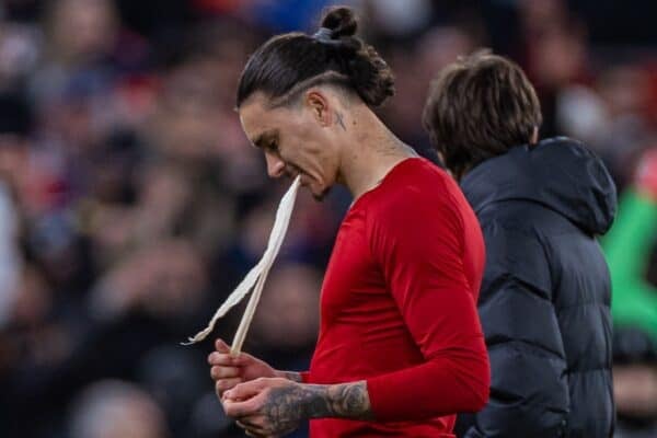 LIVERPOOL, ENGLAND - Tuesday, March 11, 2025: Liverpool's Darwin Núñez walks off after the UEFA Champions League Round of 16 2nd Leg match between Liverpool FC and Paris Saint-Germain FC at Anfield. (Photo by David Rawcliffe/Propaganda)