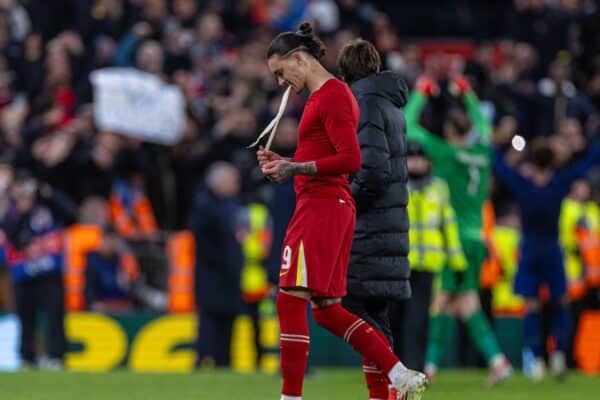 LIVERPOOL, ENGLAND - Tuesday, March 11, 2025: Liverpool's Darwin Núñez walks off after the UEFA Champions League Round of 16 2nd Leg match between Liverpool FC and Paris Saint-Germain FC at Anfield. (Photo by David Rawcliffe/Propaganda)