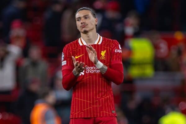 LIVERPOOL, ENGLAND - Tuesday, March 11, 2025: Liverpool's Darwin Núñez walks off after the UEFA Champions League Round of 16 2nd Leg match between Liverpool FC and Paris Saint-Germain FC at Anfield. (Photo by David Rawcliffe/Propaganda)