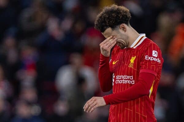 LIVERPOOL, ENGLAND - Tuesday, March 11, 2025: Liverpool's Curtis Jones walks off after the UEFA Champions League Round of 16 2nd Leg match between Liverpool FC and Paris Saint-Germain FC at Anfield. (Photo by David Rawcliffe/Propaganda)