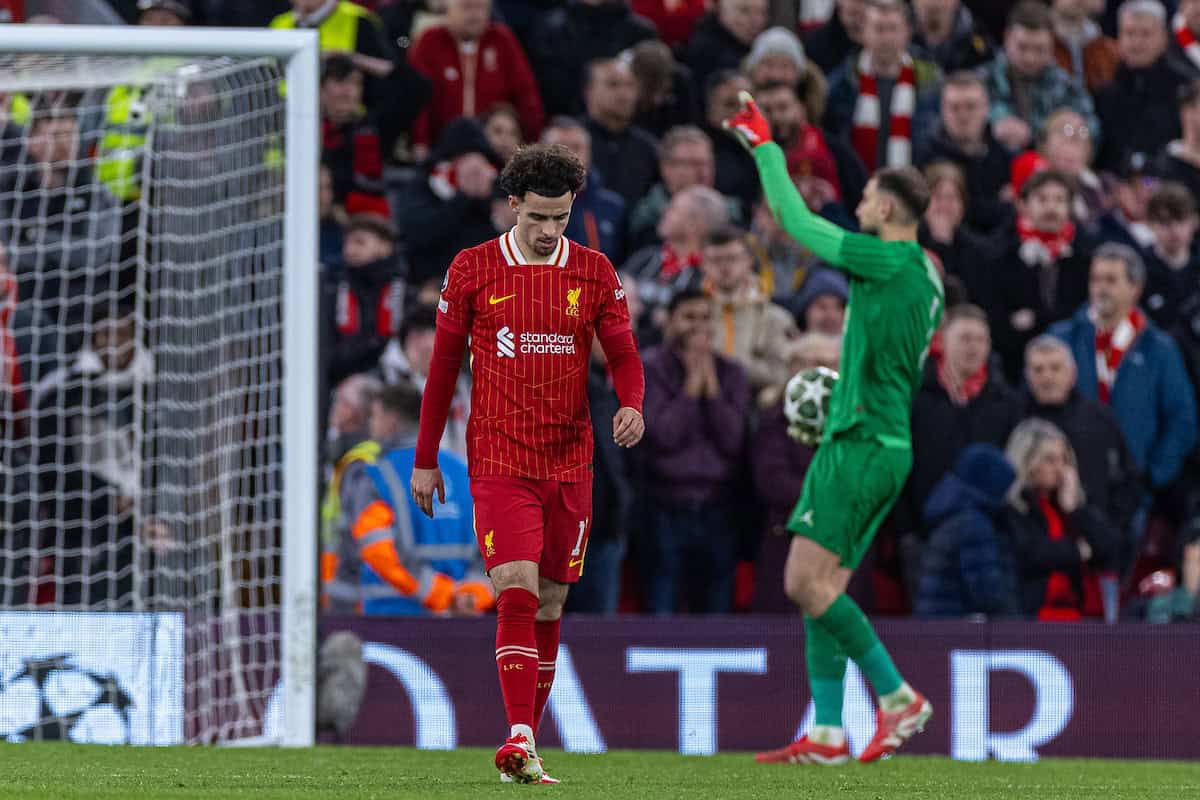 LIVERPOOL, ENGLAND - Tuesday, March 11, 2025: Liverpool's Curtis Jones looks dejected after missing a penalty in the shoot-out during the UEFA Champions League Round of 16 2nd Leg match between Liverpool FC and Paris Saint-Germain FC at Anfield. (Photo by David Rawcliffe/Propaganda)