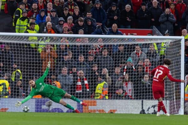 LIVERPOOL, ENGLAND - Tuesday, March 11, 2025: Liverpool's Curtis Jones sees his penalty saved by Paris Saint-Germain's goalkeeper Gianluigi Donnarumma in the shoot-out during the UEFA Champions League Round of 16 2nd Leg match between Liverpool FC and Paris Saint-Germain FC at Anfield. (Photo by David Rawcliffe/Propaganda)