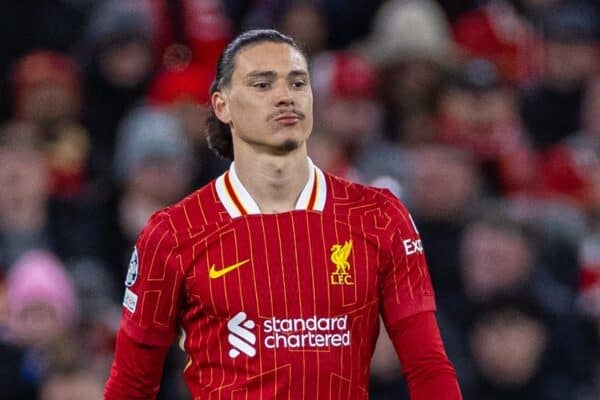 LIVERPOOL, ENGLAND - Tuesday, March 11, 2025: Liverpool's Darwin Núñez looks dejected after missing his penalty in the shoot-out during the UEFA Champions League Round of 16 2nd Leg match between Liverpool FC and Paris Saint-Germain FC at Anfield. (Photo by David Rawcliffe/Propaganda)