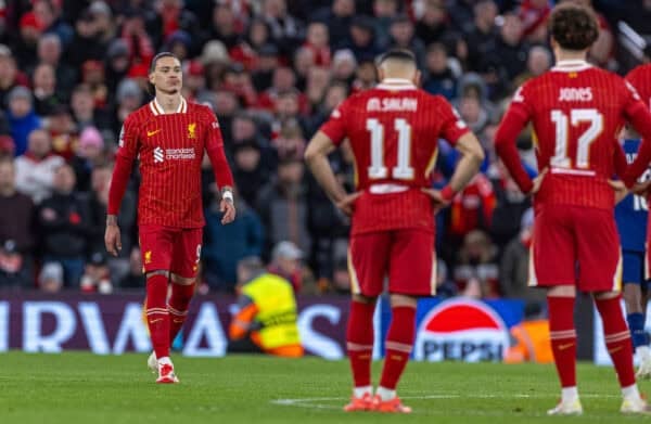 LIVERPOOL, ENGLAND - Tuesday, March 11, 2025: Liverpool's Darwin Núñez looks dejected after missing his penalty in the shoot-out during the UEFA Champions League Round of 16 2nd Leg match between Liverpool FC and Paris Saint-Germain FC at Anfield. (Photo by David Rawcliffe/Propaganda)