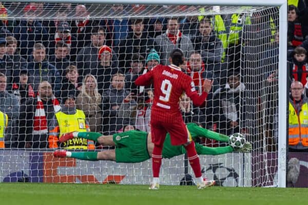  Liverpool's Darwin Núñez looks dejected after missing his penalty in the shoot-out during the UEFA Champions League Round of 16 2nd Leg match between Liverpool FC and Paris Saint-Germain FC at Anfield. (Photo by David Rawcliffe/Propaganda)