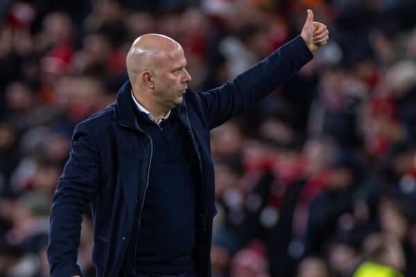 LIVERPOOL, ENGLAND - Tuesday, March 11, 2025: Liverpool's head coach Arne Slot after the UEFA Champions League Round of 16 2nd Leg match between Liverpool FC and Paris Saint-Germain FC at Anfield. (Photo by David Rawcliffe/Propaganda)