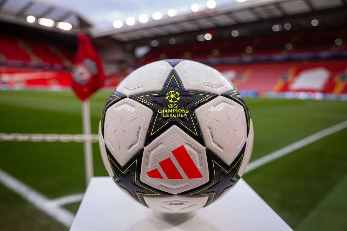 LIVERPOOL, ENGLAND - Tuesday, March 11, 2025: A match ball with UEFA Champions League branding on seen before the UEFA Champions League Round of 16 2nd Leg match between Liverpool FC and Paris Saint-Germain FC at Anfield. (Photo by David Rawcliffe/Propaganda)