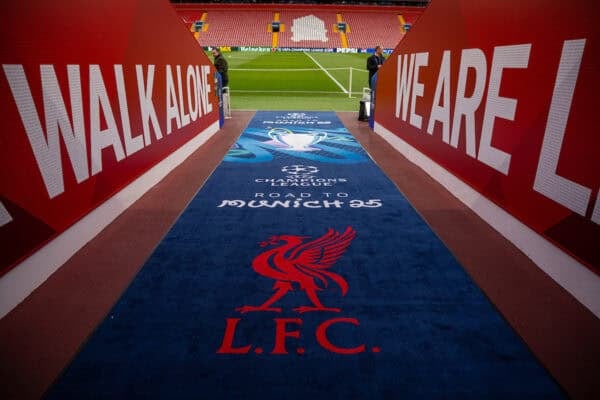 LIVERPOOL, ENGLAND - Tuesday, March 11, 2025: Road to Munich 25 branding seen before the UEFA Champions League Round of 16 2nd Leg match between Liverpool FC and Paris Saint-Germain FC at Anfield. (Photo by David Rawcliffe/Propaganda)