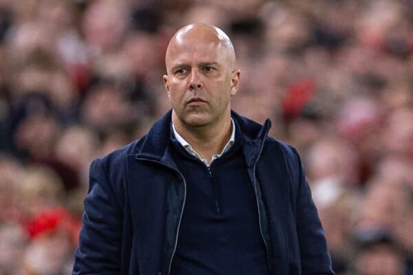 LIVERPOOL, ENGLAND - Tuesday, March 11, 2025: Liverpool's head coach Arne Slot during the UEFA Champions League Round of 16 2nd Leg match between Liverpool FC and Paris Saint-Germain FC at Anfield. (Photo by David Rawcliffe/Propaganda)