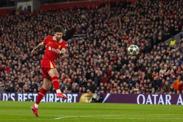  Liverpool's Dominik Szoboszlai shoots during the UEFA Champions League Round of 16 2nd Leg match between Liverpool FC and Paris Saint-Germain FC at Anfield. (Photo by David Rawcliffe/Propaganda)