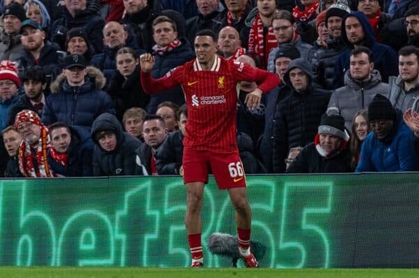 LIVERPOOL, ENGLAND - Tuesday, March 11, 2025: Liverpool's Trent Alexander-Arnold with an injury during the UEFA Champions League Round of 16 2nd Leg match between Liverpool FC and Paris Saint-Germain FC at Anfield. (Photo by David Rawcliffe/Propaganda)