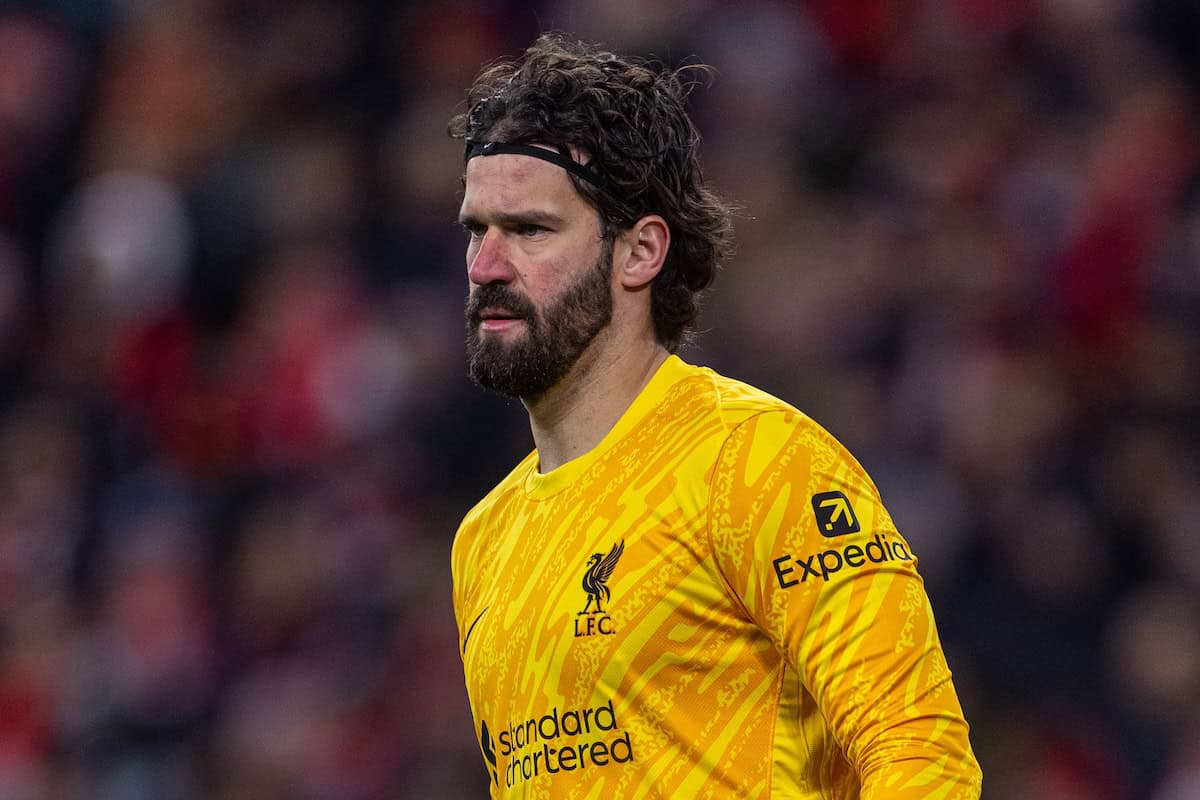 LIVERPOOL, ENGLAND - Tuesday, March 11, 2025: Liverpool's goalkeeper Alisson Becker during the UEFA Champions League Round of 16 2nd Leg match between Liverpool FC and Paris Saint-Germain FC at Anfield. (Photo by David Rawcliffe/Propaganda)