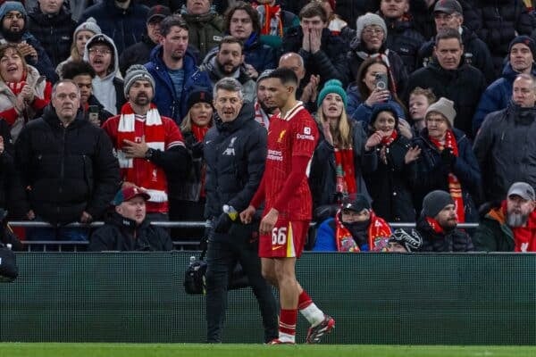  Liverpool's Trent Alexander-Arnold limps off with an injury during the UEFA Champions League Round of 16 2nd Leg match between Liverpool FC and Paris Saint-Germain FC at Anfield. (Photo by David Rawcliffe/Propaganda)