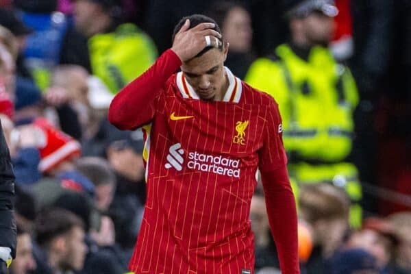 LIVERPOOL, ENGLAND - Tuesday, March 11, 2025: Liverpool's Trent Alexander-Arnold limps off with an injury during the UEFA Champions League Round of 16 2nd Leg match between Liverpool FC and Paris Saint-Germain FC at Anfield. (Photo by David Rawcliffe/Propaganda)