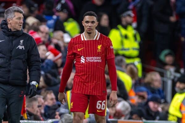 LIVERPOOL, ENGLAND - Tuesday, March 11, 2025: Liverpool's Trent Alexander-Arnold limps off with an injury during the UEFA Champions League Round of 16 2nd Leg match between Liverpool FC and Paris Saint-Germain FC at Anfield. (Photo by David Rawcliffe/Propaganda)