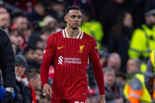 LIVERPOOL, ENGLAND - Tuesday, March 11, 2025: Liverpool's Trent Alexander-Arnold limps off with an injury during the UEFA Champions League Round of 16 2nd Leg match between Liverpool FC and Paris Saint-Germain FC at Anfield. (Photo by David Rawcliffe/Propaganda)