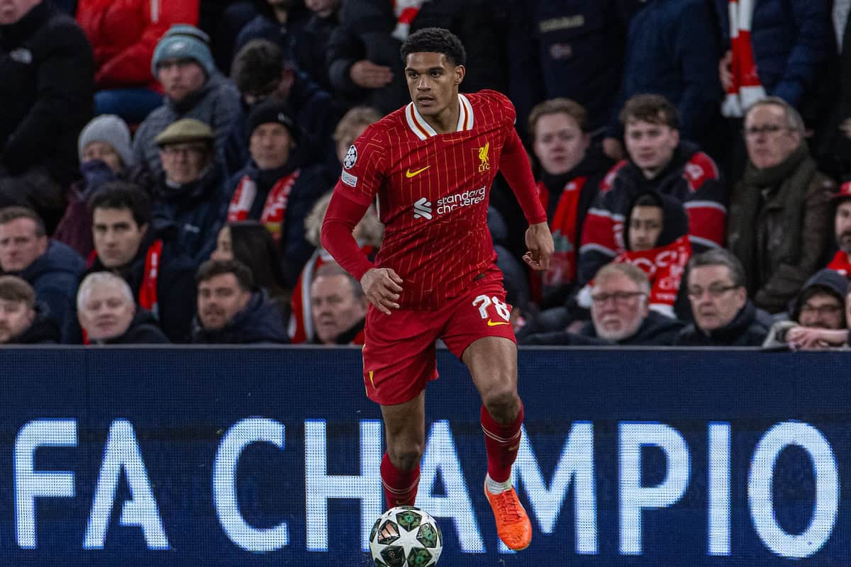 LIVERPOOL, ENGLAND - Tuesday, March 11, 2025: Liverpool's Jarell Quansah during the UEFA Champions League Round of 16 2nd Leg match between Liverpool FC and Paris Saint-Germain FC at Anfield. (Photo by David Rawcliffe/Propaganda)