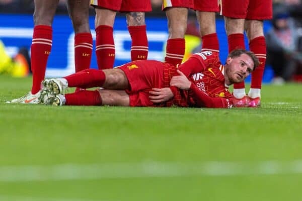  Liverpool's Alexis Mac Allister makes a 'draft excluder' in a defensive wall during the UEFA Champions League Round of 16 2nd Leg match between Liverpool FC and Paris Saint-Germain FC at Anfield. (Photo by David Rawcliffe/Propaganda)