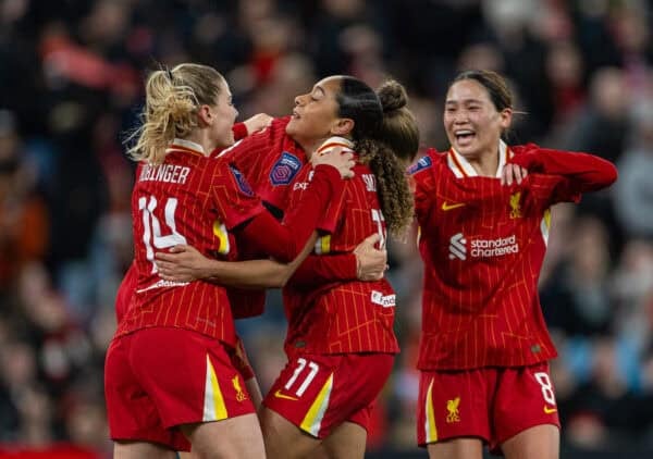 LIVERPOOL, ENGLAND - Friday, March 14, 2025: Liverpool's Olivia Smith (C) celebrates after scoring the opening goal during the FA Women’s Super League game between Liverpool FC Women and Manchester United FC Women at Anfield. (Photo by David Rawcliffe/Propaganda)