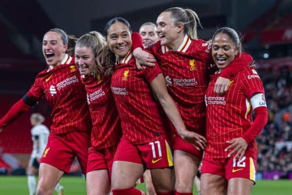 LIVERPOOL, ENGLAND - Friday, March 14, 2025: Liverpool's Olivia Smith (C) celebrates with team-mates after scoring her side's third goal, from a penalty-kick, during the FA Women’s Super League game between Liverpool FC Women and Manchester United FC Women at Anfield. (Photo by David Rawcliffe/Propaganda)