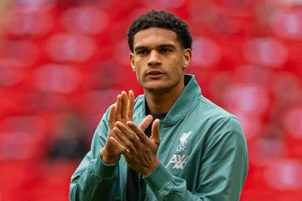 LONDON, ENGLAND - Sunday, March 16, 2025: Liverpool's Jarell Quansah on the pitch before the Football League Cup Final match between Liverpool FC and Newcastle United FC at Wembley Stadium. (Photo by David Rawcliffe/Propaganda)