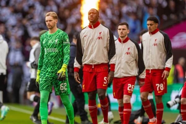 LONDON, ENGLAND - Sunday, March 16, 2025: Liverpool's goalkeeper Caoimhin Kelleher walks out before the Football League Cup Final match between Liverpool FC and Newcastle United FC at Wembley Stadium. (Photo by David Rawcliffe/Propaganda)