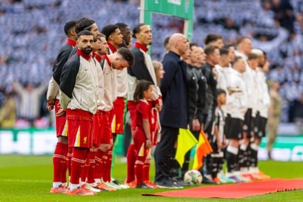 LONDON, ENGLAND - Sunday, March 16, 2025: Liverpool's Mohamed Salah lines-up during the Football League Cup Final match between Liverpool FC and Newcastle United FC at Wembley Stadium. (Photo by David Rawcliffe/Propaganda)