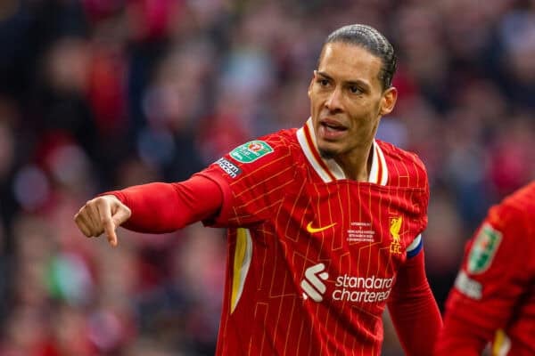 LONDON, ENGLAND - Sunday, March 16, 2025: Liverpool's captain Virgil van Dijk during the Football League Cup Final match between Liverpool FC and Newcastle United FC at Wembley Stadium. (Photo by David Rawcliffe/Propaganda)