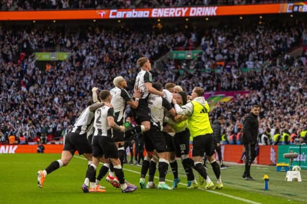 LONDON, ENGLAND - Sunday, March 16, 2025: Newcastle United's Dan Burn celebrates after scoring the opening goal during the Football League Cup Final match between Liverpool FC and Newcastle United FC at Wembley Stadium. (Photo by David Rawcliffe/Propaganda)