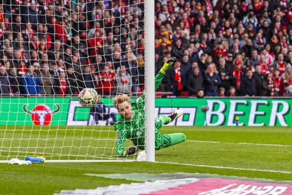 LONDON, ENGLAND - Sunday, March 16, 2025: Liverpool's goalkeeper Caoimhin Kelleher is beaten as Newcastle United score the opening goal during the Football League Cup Final match between Liverpool FC and Newcastle United FC at Wembley Stadium. (Photo by David Rawcliffe/Propaganda)