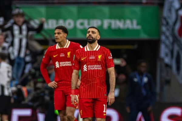 LONDON, ENGLAND - Sunday, March 16, 2025: Liverpool's Mohamed Salah reacts as Newcastle United score their second goal during the Football League Cup Final match between Liverpool FC and Newcastle United FC at Wembley Stadium. (Photo by David Rawcliffe/Propaganda)