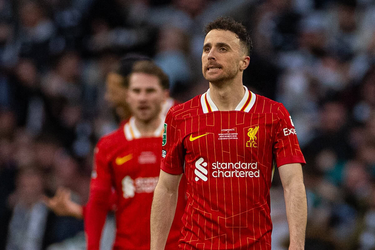 LONDON, ENGLAND - Sunday, March 16, 2025: Liverpool's Diogo Jota reacts as Newcastle United score their second goal during the Football League Cup Final match between Liverpool FC and Newcastle United FC at Wembley Stadium. (Photo by David Rawcliffe/Propaganda)