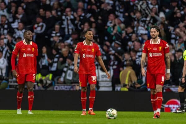 LONDON, ENGLAND - Sunday, March 16, 2025: Liverpool's (L-R) Ibrahima Konaté, Ryan Gravenberch and Dominik Szoboszlai react as Newcastle United score their second goal during the Football League Cup Final match between Liverpool FC and Newcastle United FC at Wembley Stadium. (Photo by David Rawcliffe/Propaganda)