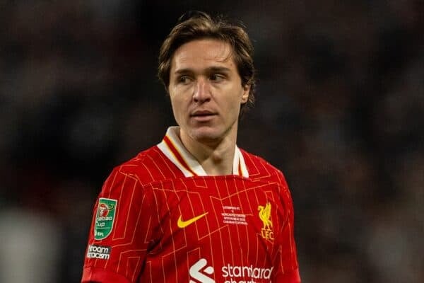 LONDON, ENGLAND - Sunday, March 16, 2025: Liverpool's Federico Chiesa during the Football League Cup Final match between Liverpool FC and Newcastle United FC at Wembley Stadium. (Photo by David Rawcliffe/Propaganda)