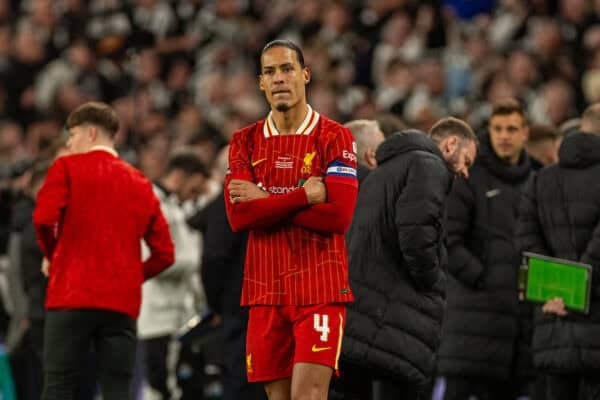 LONDON, ENGLAND - Sunday, March 16, 2025: Liverpool's captain Virgil van Dijk looks dejected after the Football League Cup Final match between Liverpool FC and Newcastle United FC at Wembley Stadium. Newcastle United won 2-1. (Photo by David Rawcliffe/Propaganda)