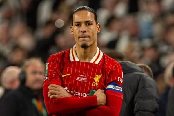 LONDON, ENGLAND - Sunday, March 16, 2025: Liverpool's captain Virgil van Dijk looks dejected after the Football League Cup Final match between Liverpool FC and Newcastle United FC at Wembley Stadium. Newcastle United won 2-1. (Photo by David Rawcliffe/Propaganda)