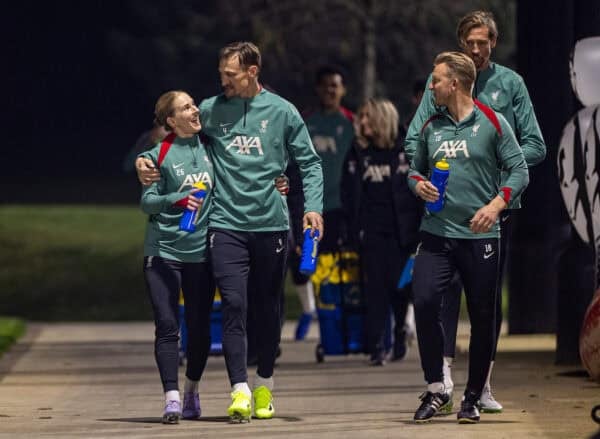 LIVERPOOL, ENGLAND - Friday, March 21, 2025: Liverpool's (L-R) Natasha Dowie, Sami Hyypiä, Dirk Kuyt during a training session at the AXA Training Centre ahead of the LFC Foundation match between Liverpool FC Legends and Chelsea FC Legends. (Photo by David Rawcliffe/Propaganda)