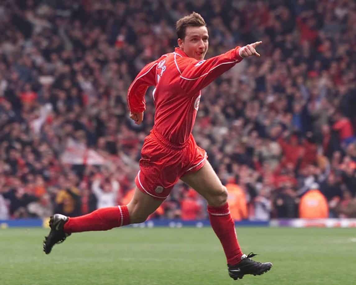 Liverpool's Vladimir Smicer celebrates after his 90th minute winner in the FA Barclaycard Premiership match against Chelsea at Anfield. Liverpool won 1-0. (PA Images)