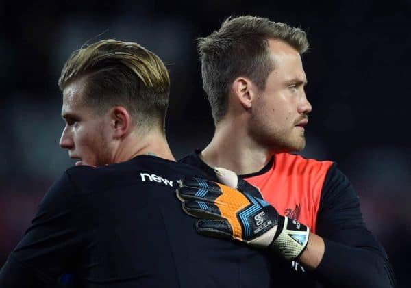 Liverpool goalkeepers Loris Karius (left) and Simon Mignolet (right) before the EFL Cup, Third Round match at the iPro Stadium, Derby. (Photo: Joe Giddens/PA Wire.)