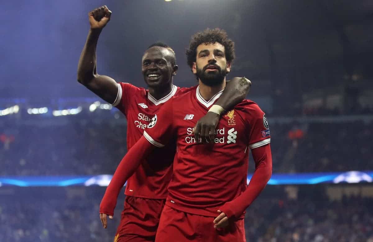 Liverpool's Mohamed Salah celebrates scoring his side's first goal of the game with Sadio Mane during the UEFA Champions League, Quarter Final at the Etihad Stadium, Manchester. PRESS ASSOCIATION Photo. Picture date: Tuesday April 10, 2018. See PA story SOCCER Man City. Photo credit should read: Nick Potts/PA Wire