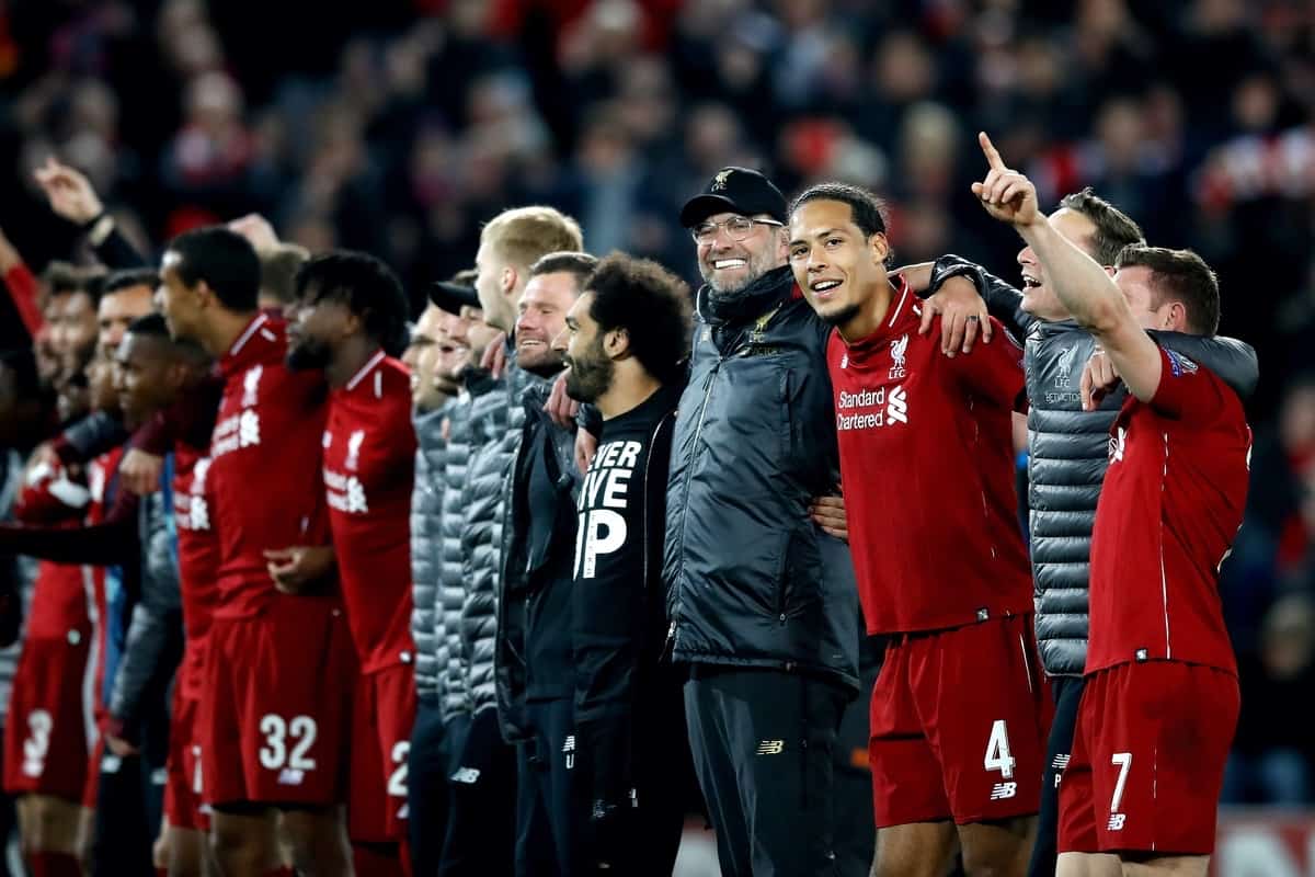 Liverpool manager Jurgen Klopp (fourth right), Mohamed Salah (fifth right) and Virgil van Dijk (third right) celebrate after the final whistle