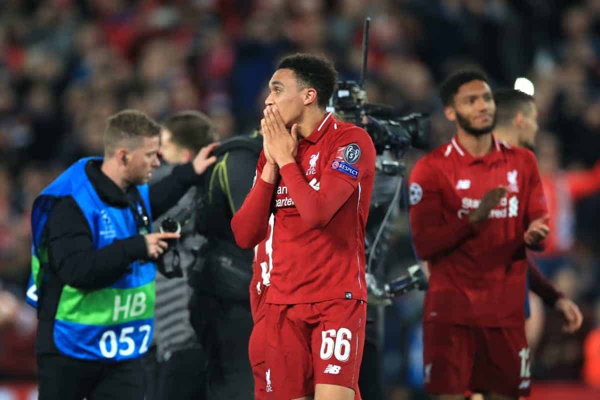 Liverpool's Trent Alexander-Arnold reacts after the UEFA Champions League Semi Final, second leg match at Anfield, Liverpool.